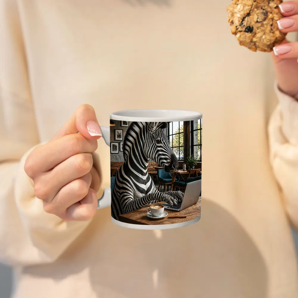 Zebra Working on Laptop in Cafe – Mugs