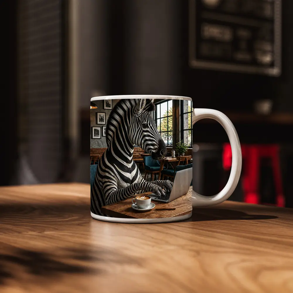 Zebra Working on Laptop in Cafe – Mugs