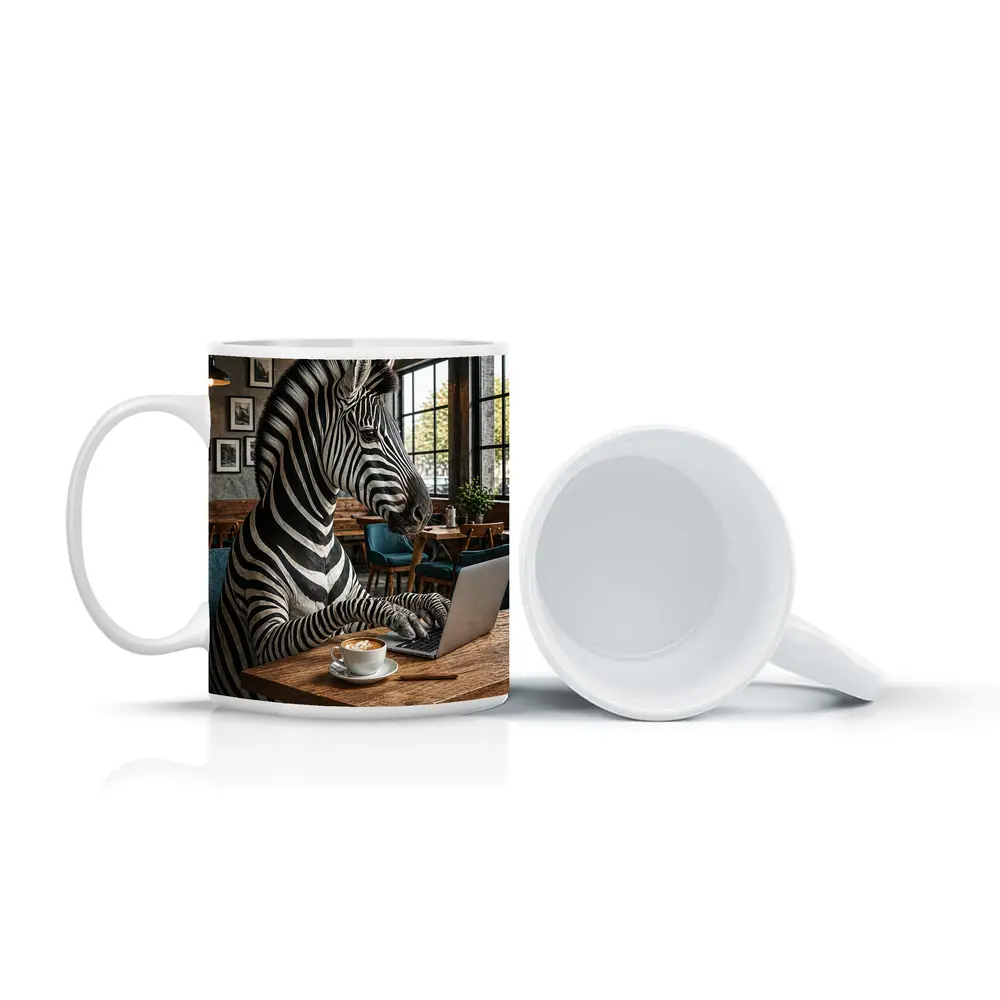 Zebra Working on Laptop in Cafe – Mugs