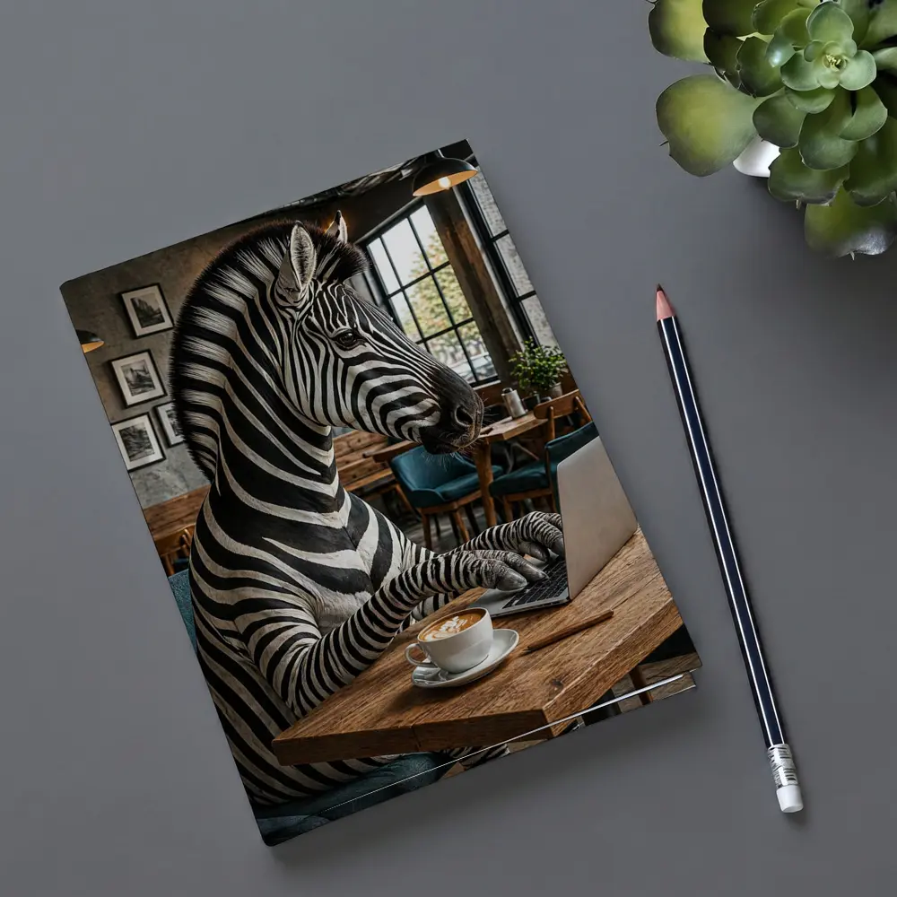 Zebra Working on Laptop in Cafe – Notebooks