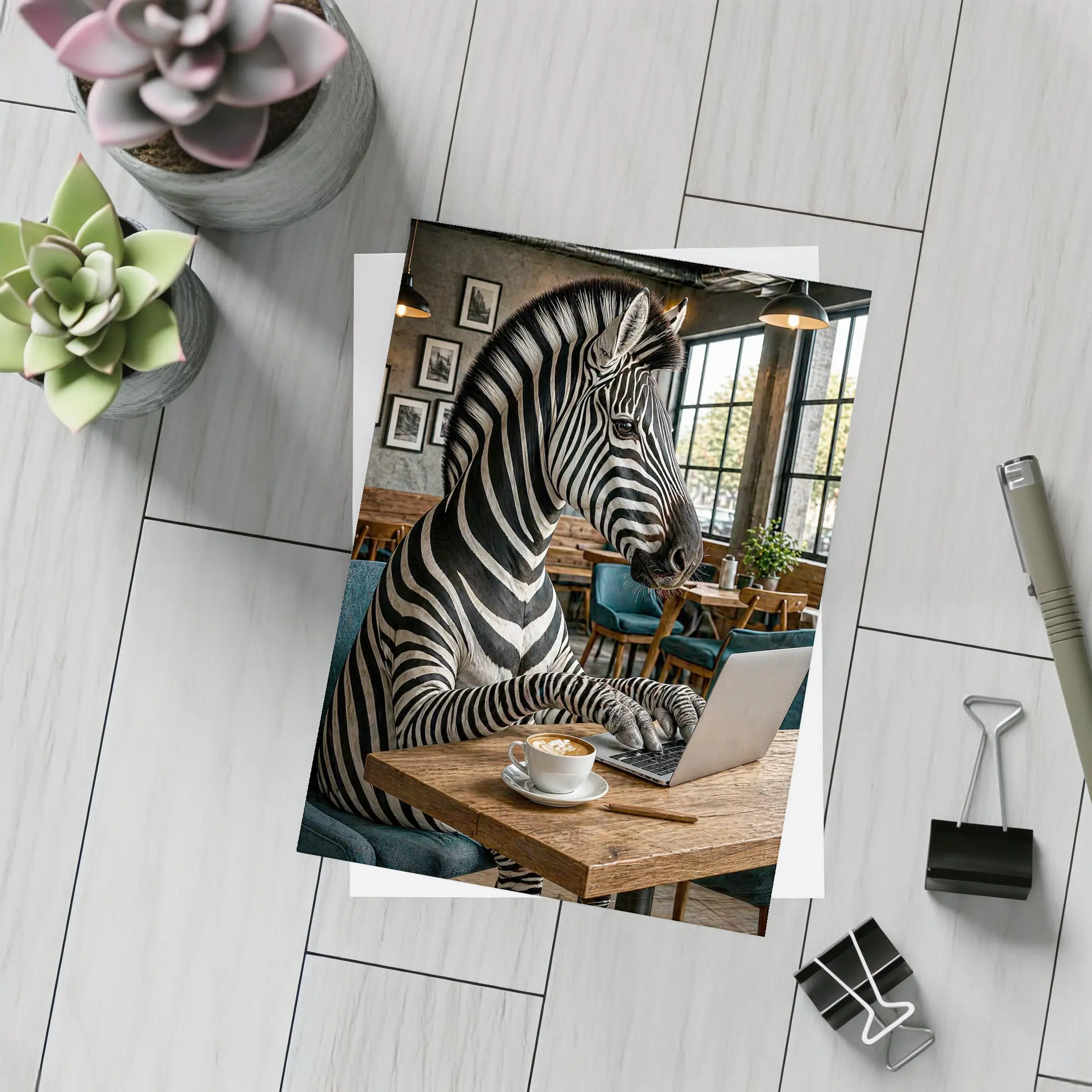 Zebra Working on Laptop in Cafe – Postcards