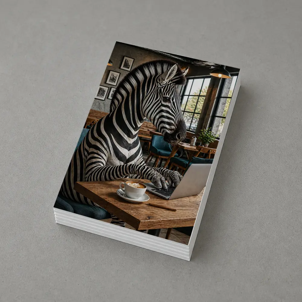 Zebra Working on Laptop in Cafe – Postcards