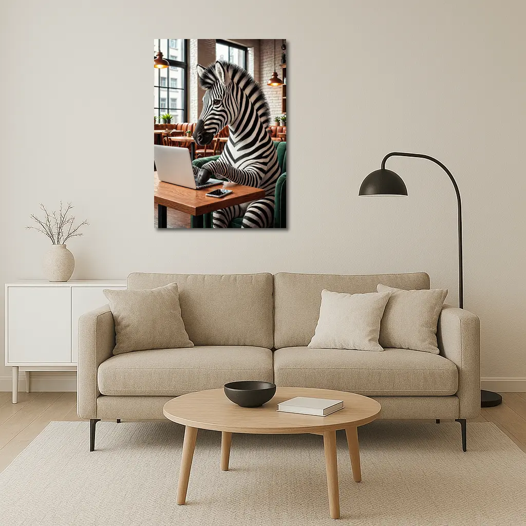 Zebra Working on Laptop in Cozy Cafe – Wall Art