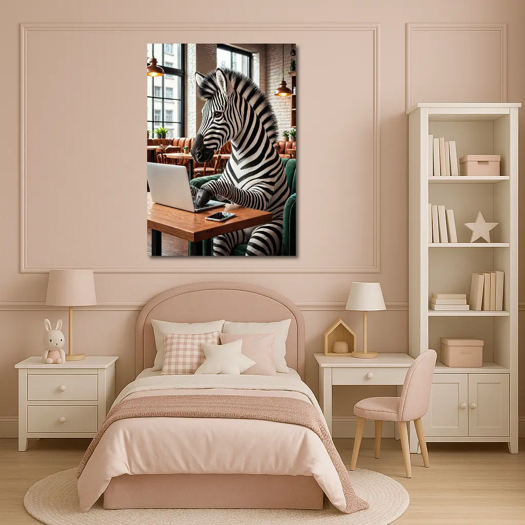 Zebra Working on Laptop in Cozy Cafe – Wall Art