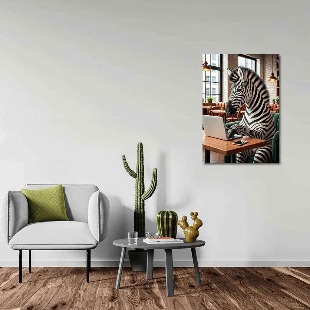 Zebra Working on Laptop in Cozy Cafe – Wall Art