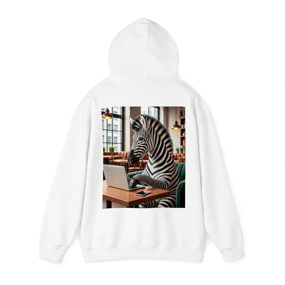 Zebra Working on Laptop in Cozy Cafe – Hoodies