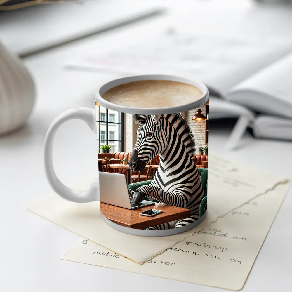 Zebra Working on Laptop in Cozy Cafe – Mugs