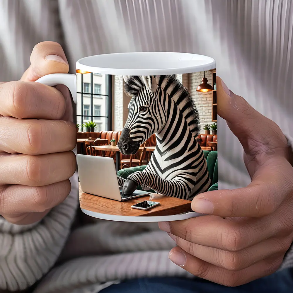 Zebra Working on Laptop in Cozy Cafe – Mugs