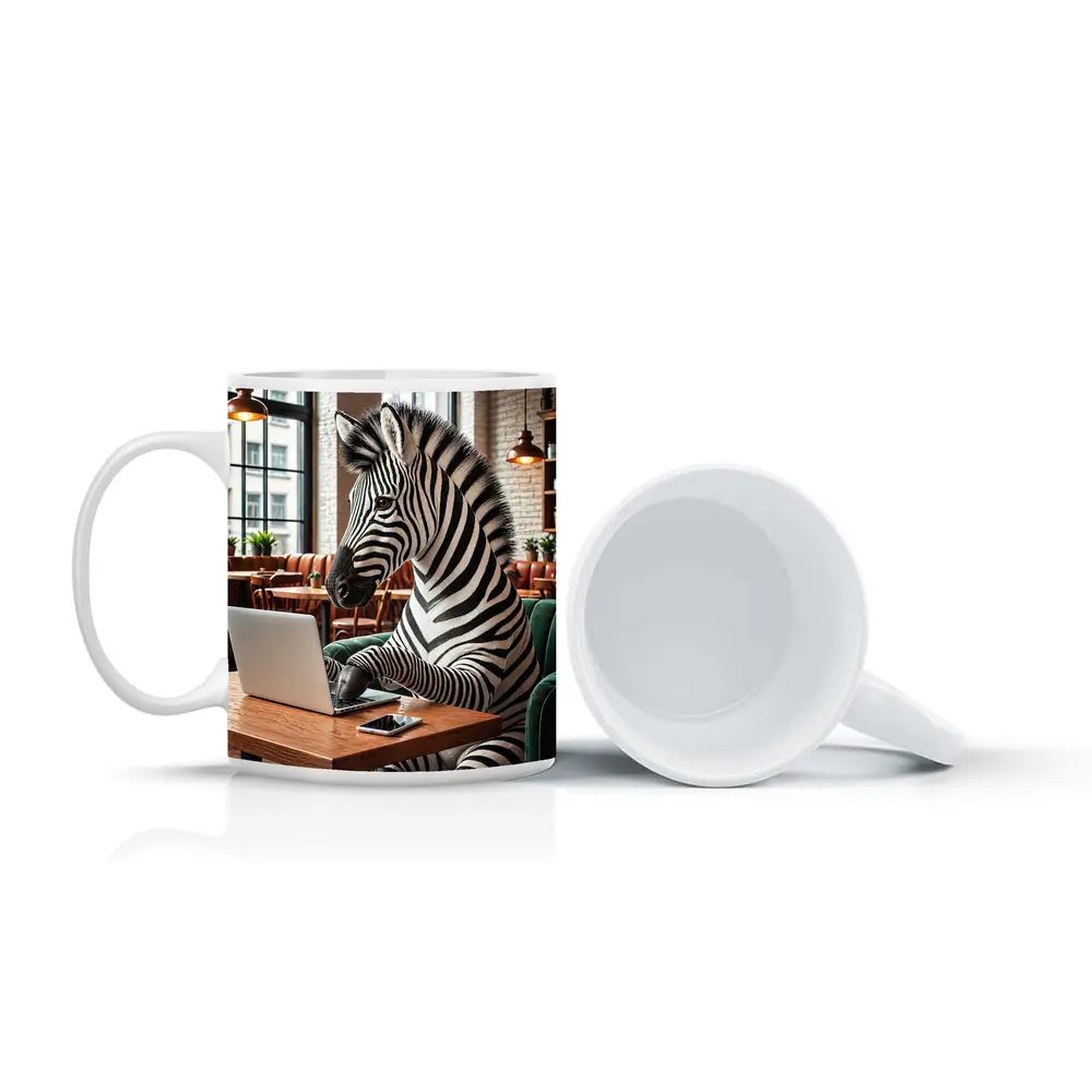 Zebra Working on Laptop in Cozy Cafe – Mugs