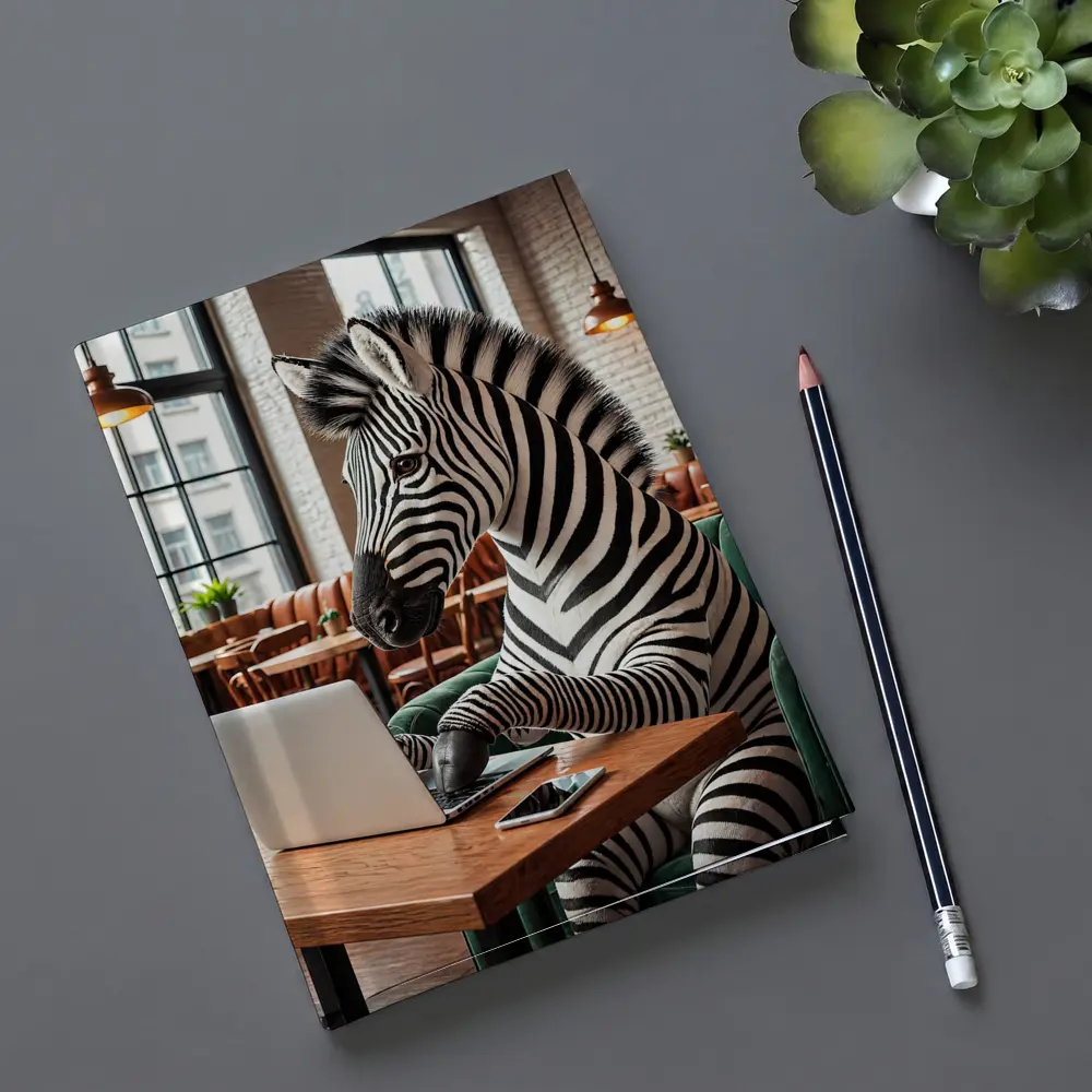 Zebra Working on Laptop in Cozy Cafe – Notebooks