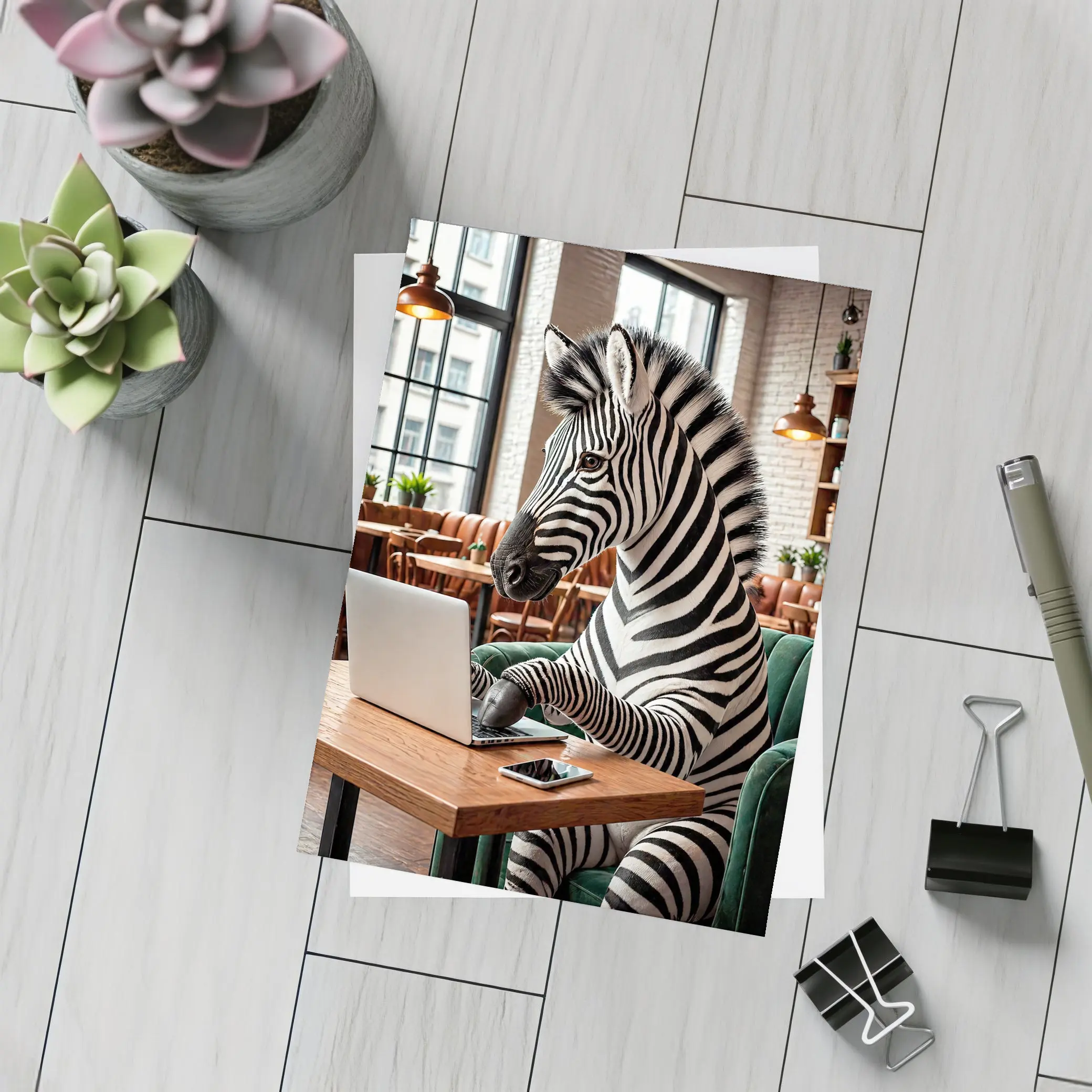 Zebra Working on Laptop in Cozy Cafe – Postcards