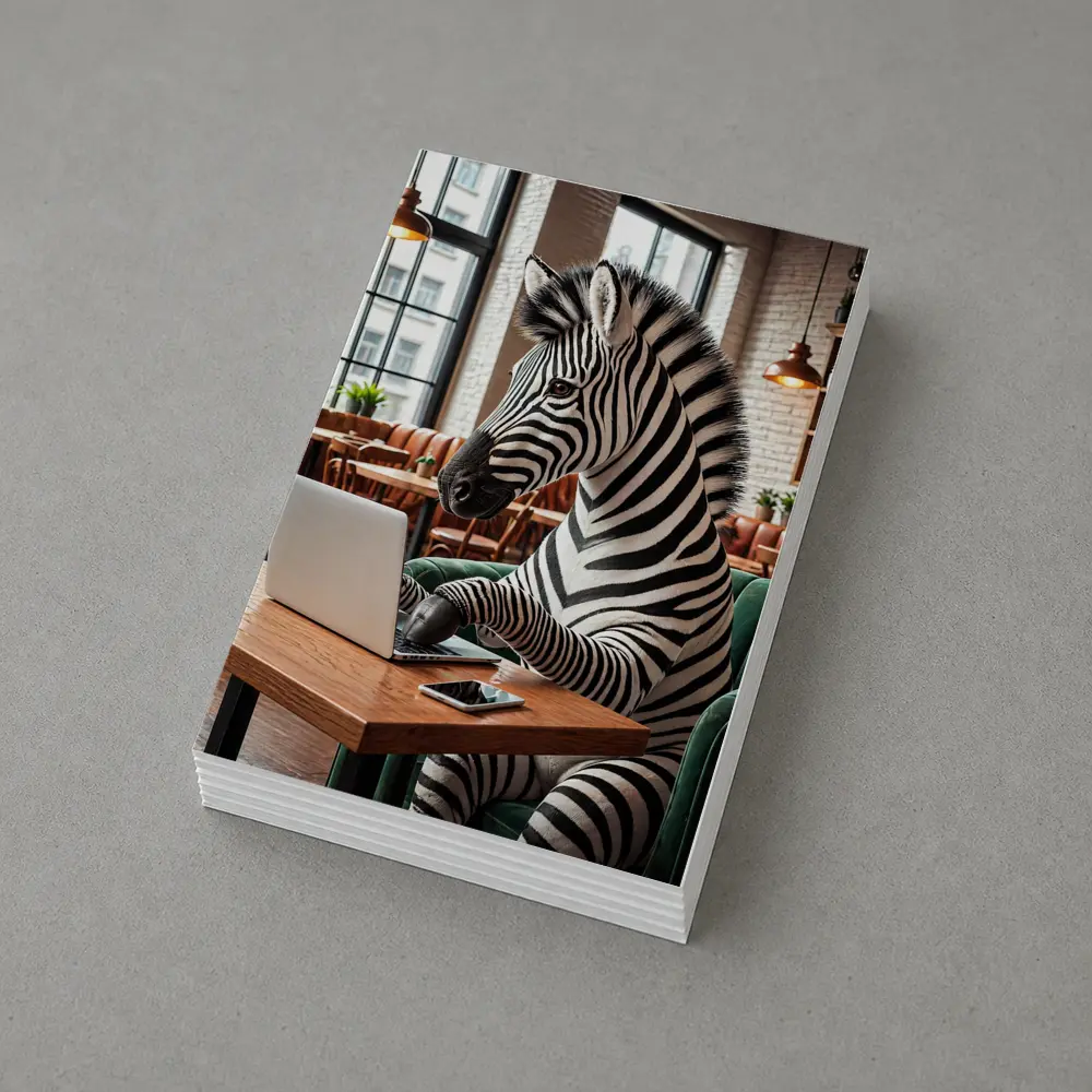Zebra Working on Laptop in Cozy Cafe – Postcards