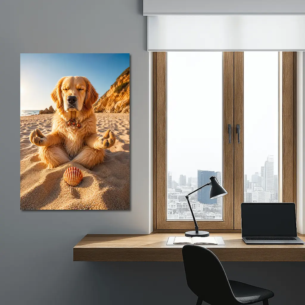 Golden Retriever Meditating on Sunny Beach – Wall Art