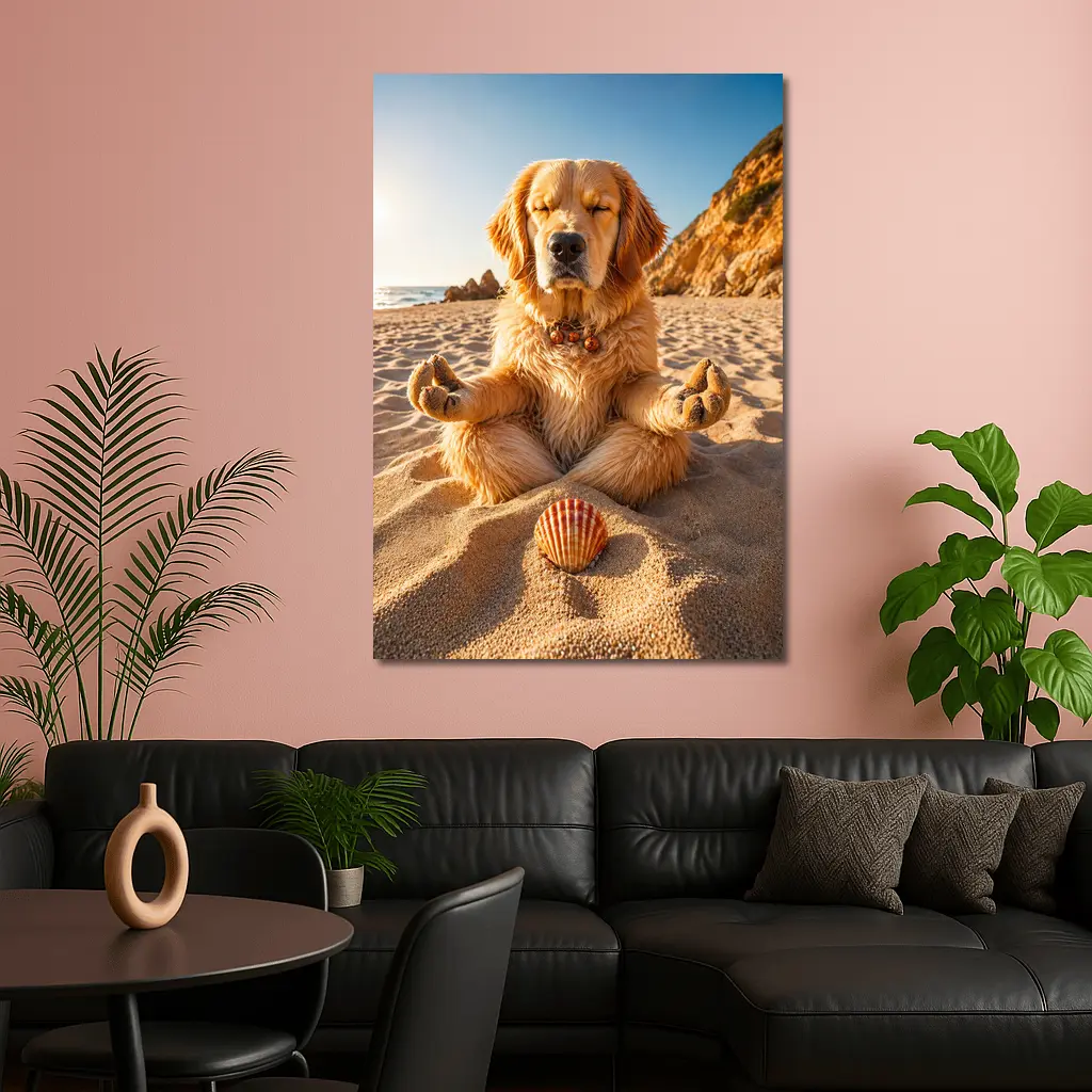 Golden Retriever Meditating on Sunny Beach – Wall Art