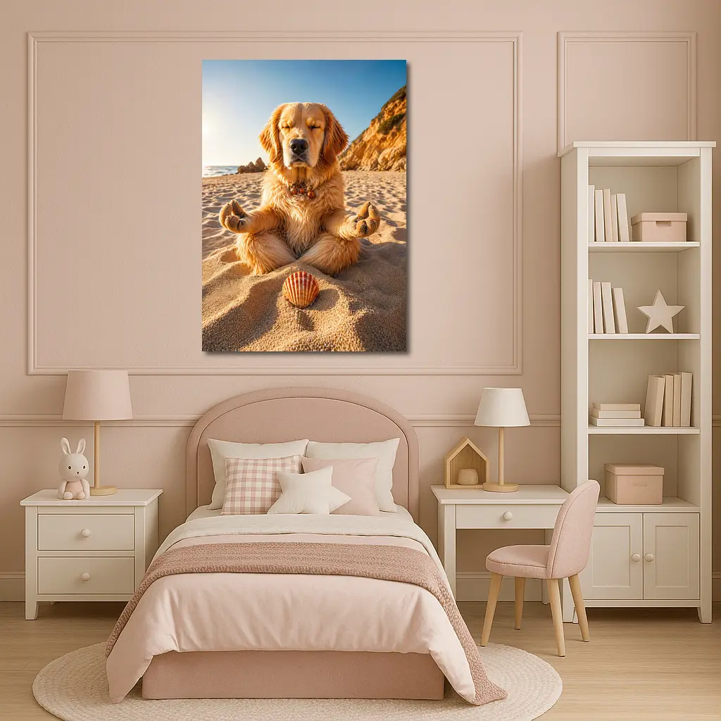 Golden Retriever Meditating on Sunny Beach – Wall Art