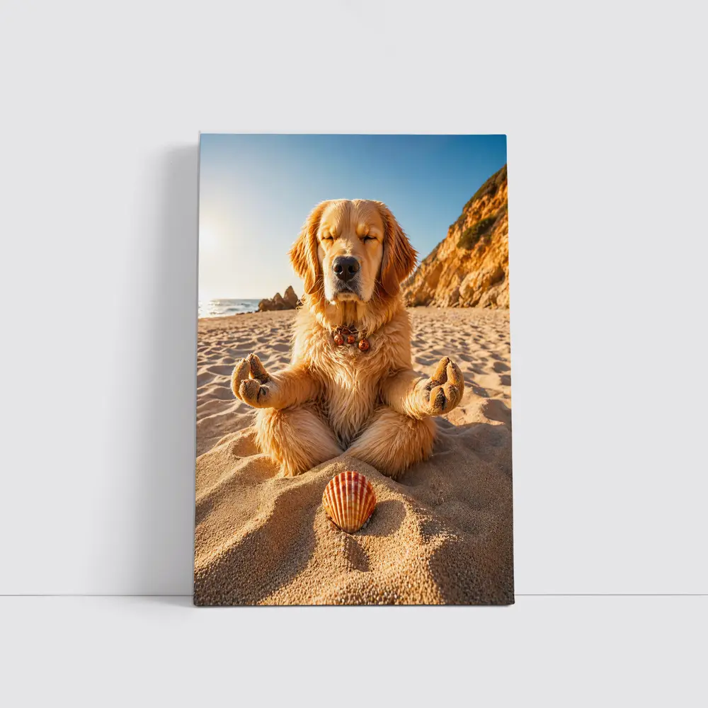 Golden Retriever Meditating on Sunny Beach – Wall Art