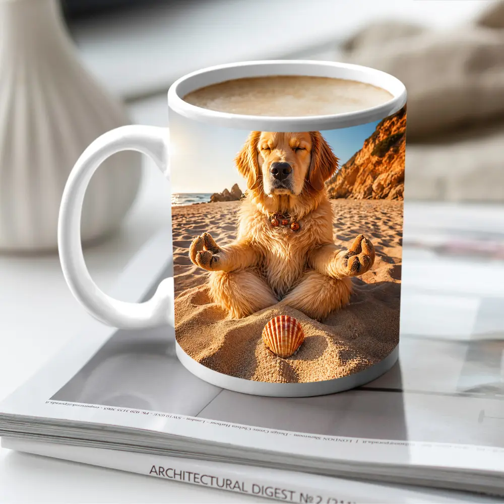 Golden Retriever Meditating on Sunny Beach – Mugs