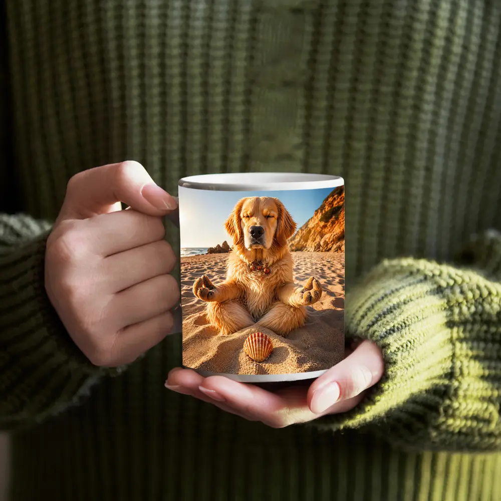 Golden Retriever Meditating on Sunny Beach – Mugs
