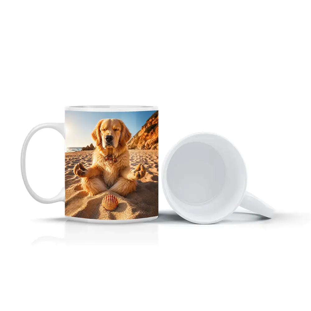 Golden Retriever Meditating on Sunny Beach – Mugs