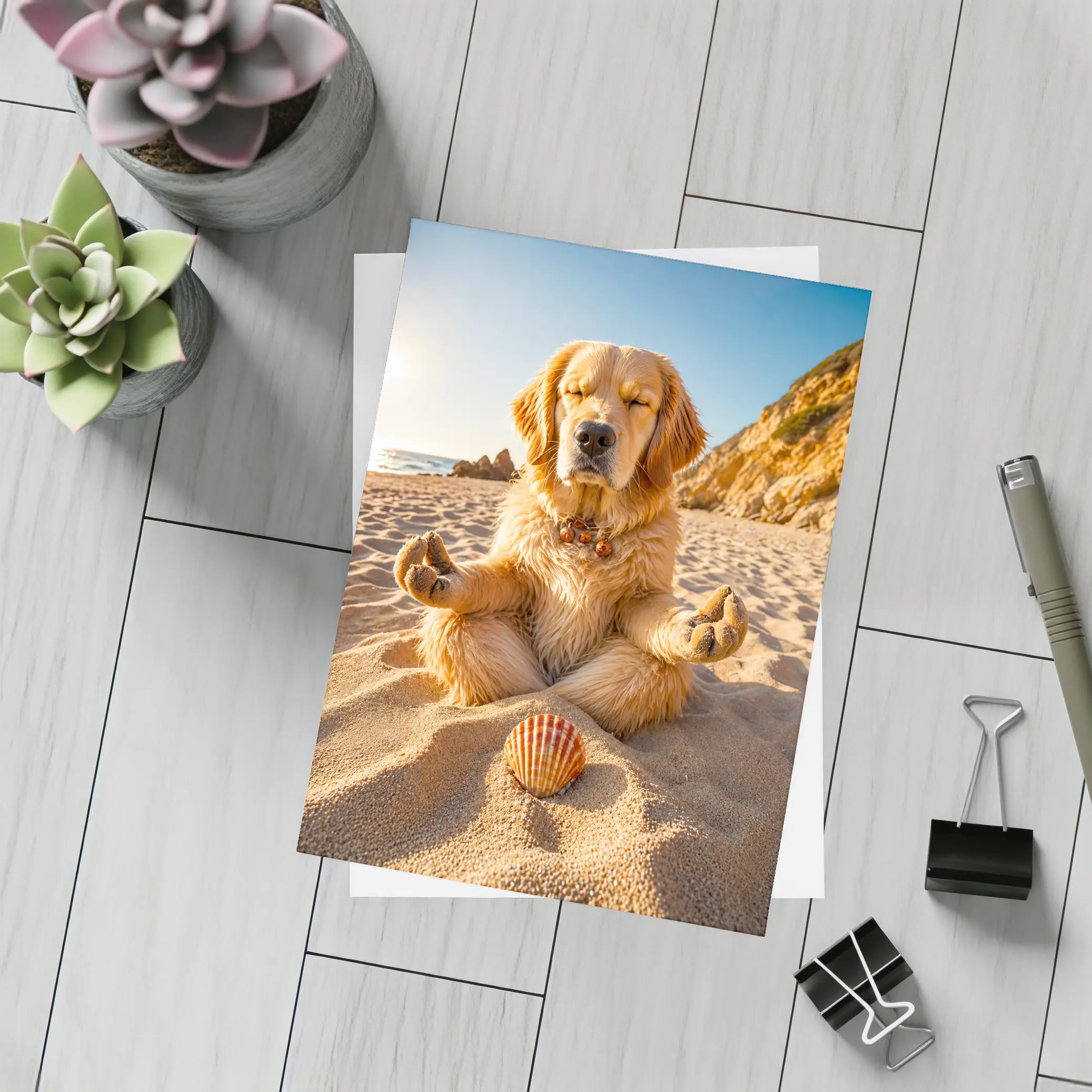 Golden Retriever Meditating on Sunny Beach – Postcards