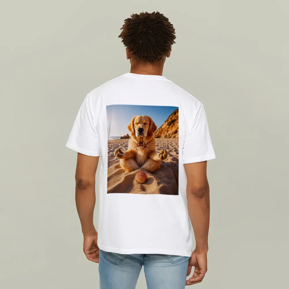 Golden Retriever Meditating on Sunny Beach – T-Shirts