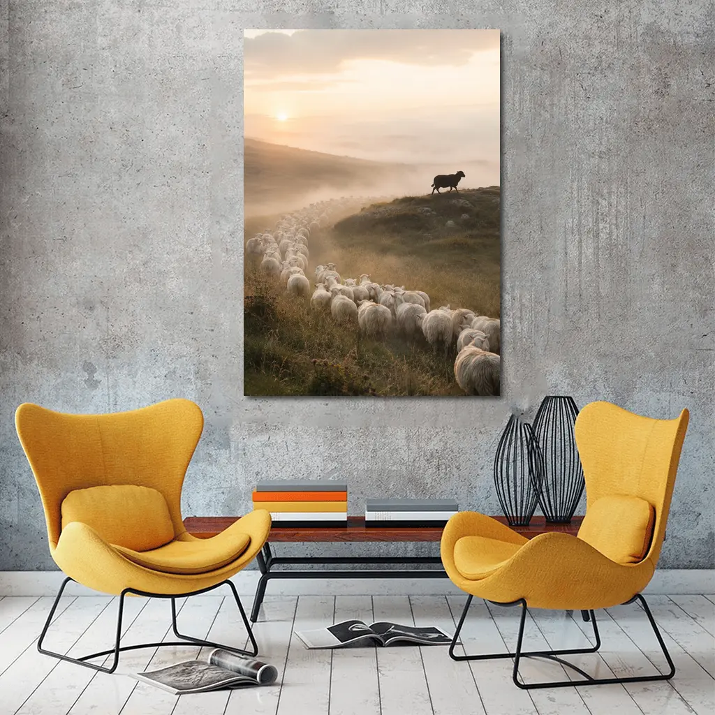 Sheep Flock Walking Misty Hills at Sunrise – Wall Art