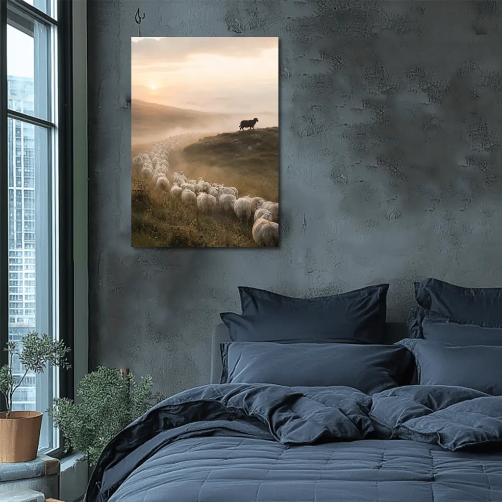 Sheep Flock Walking Misty Hills at Sunrise – Wall Art