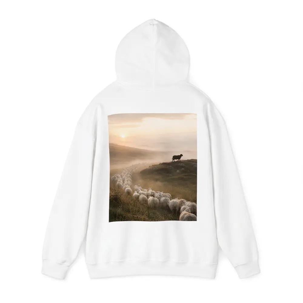 Sheep Flock Walking Misty Hills at Sunrise – Hoodies