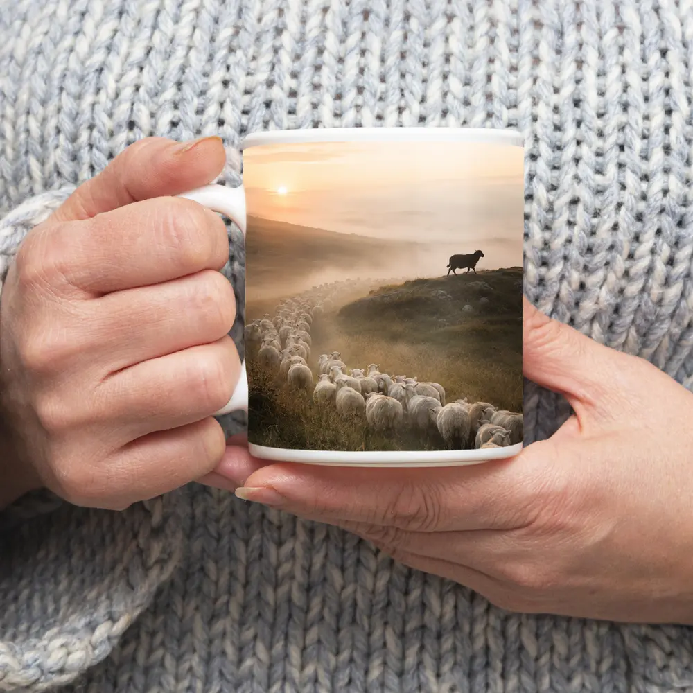 Sheep Flock Walking Misty Hills at Sunrise – Mugs