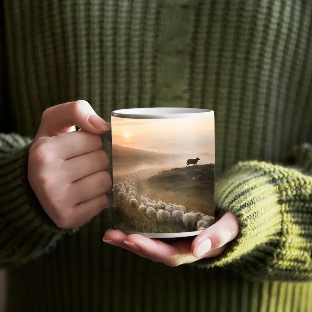 Sheep Flock Walking Misty Hills at Sunrise – Mugs
