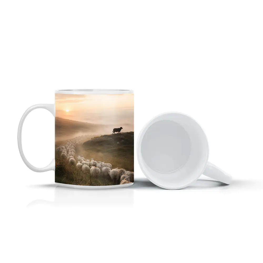Sheep Flock Walking Misty Hills at Sunrise – Mugs