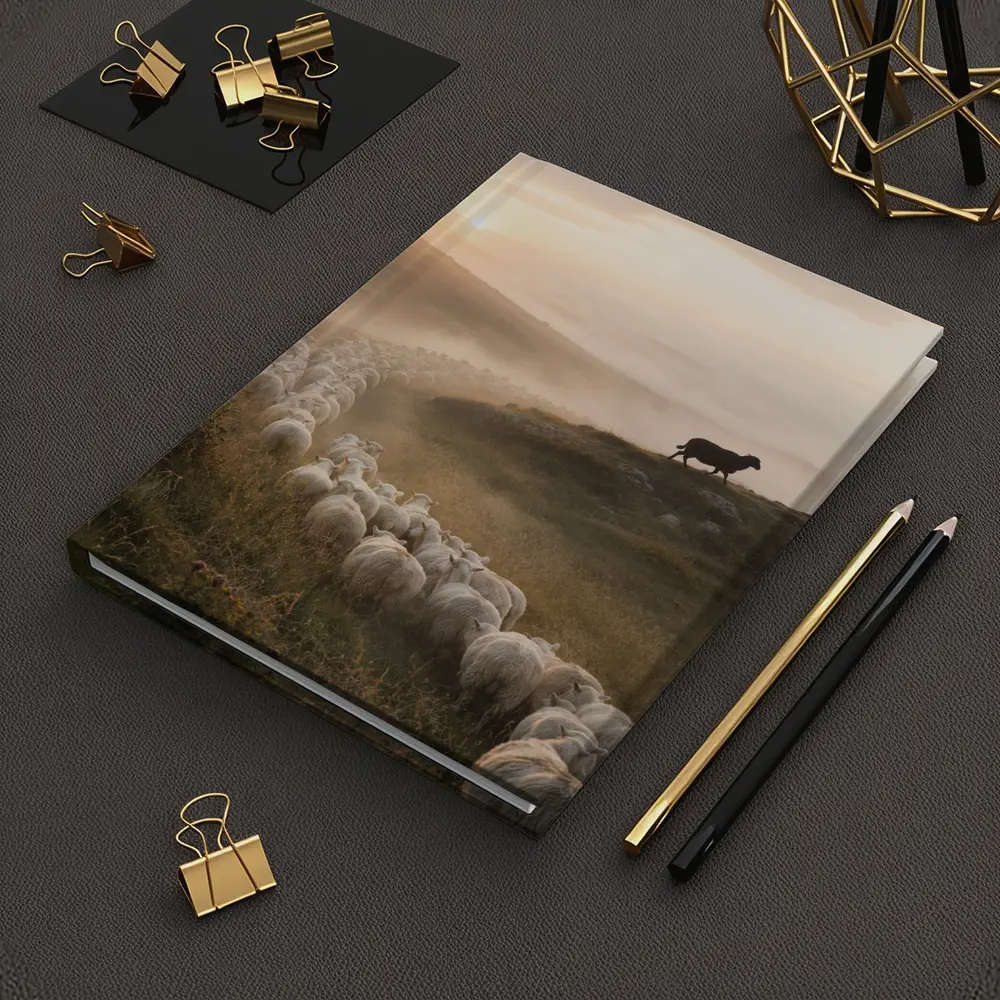 Sheep Flock Walking Misty Hills at Sunrise – Notebooks