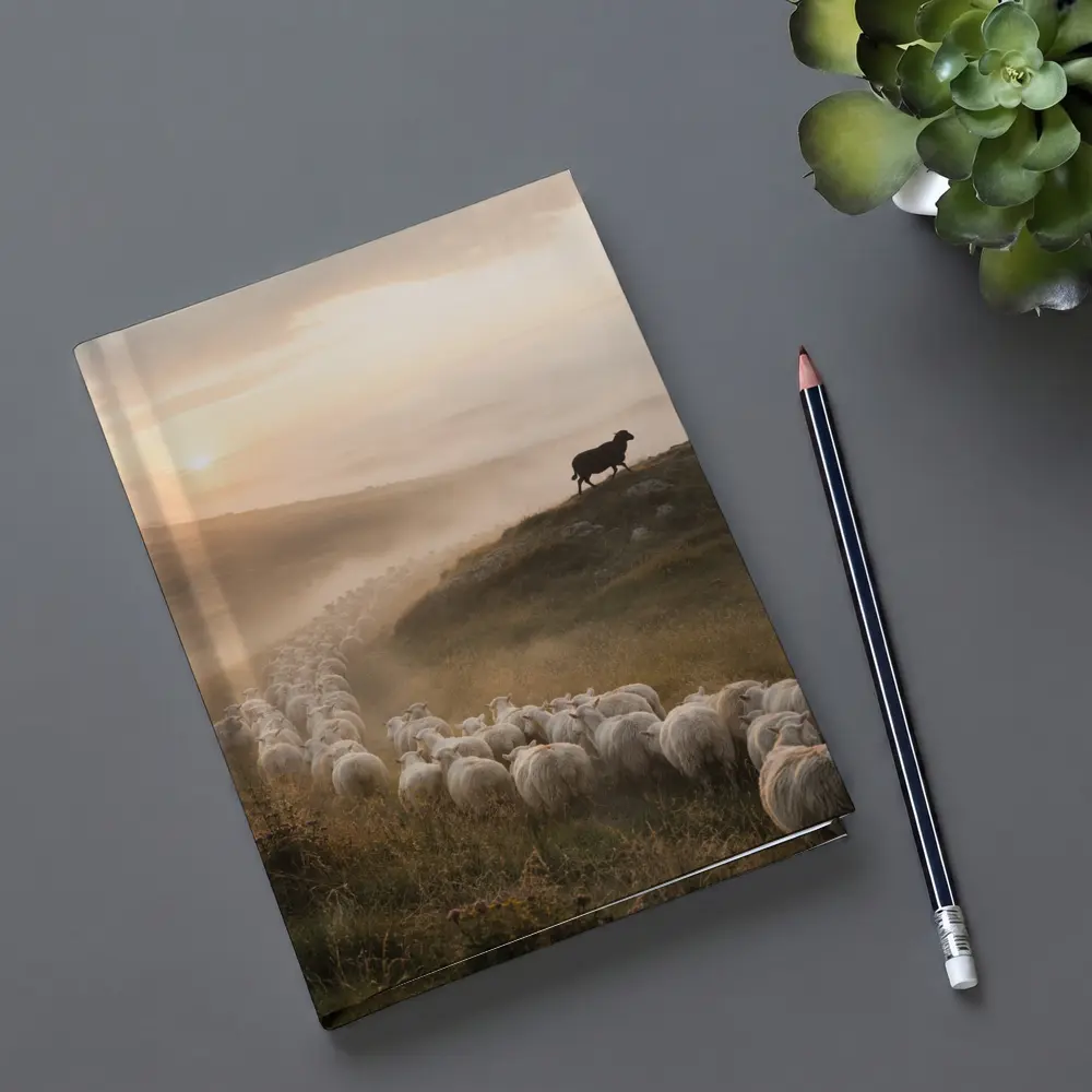 Sheep Flock Walking Misty Hills at Sunrise – Notebooks