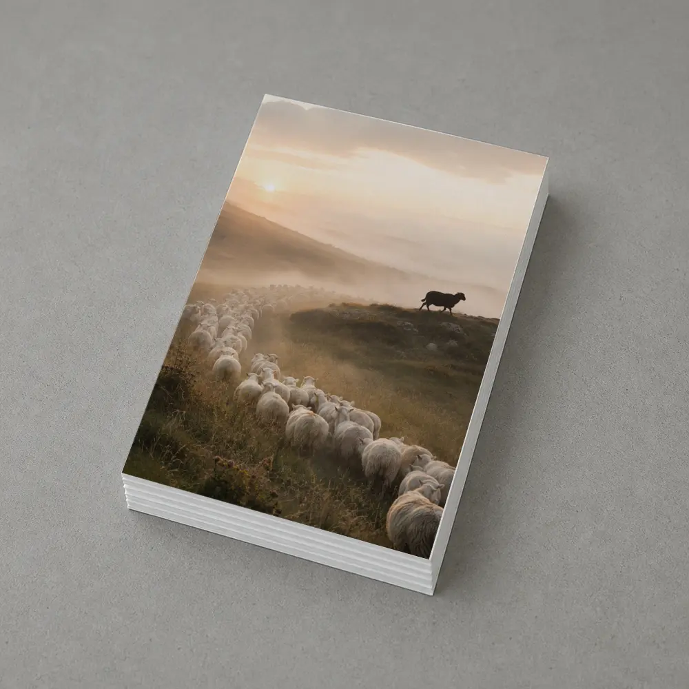Sheep Flock Walking Misty Hills at Sunrise – Postcards