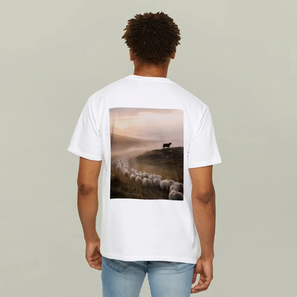 Sheep Flock Walking Misty Hills at Sunrise – T-Shirts