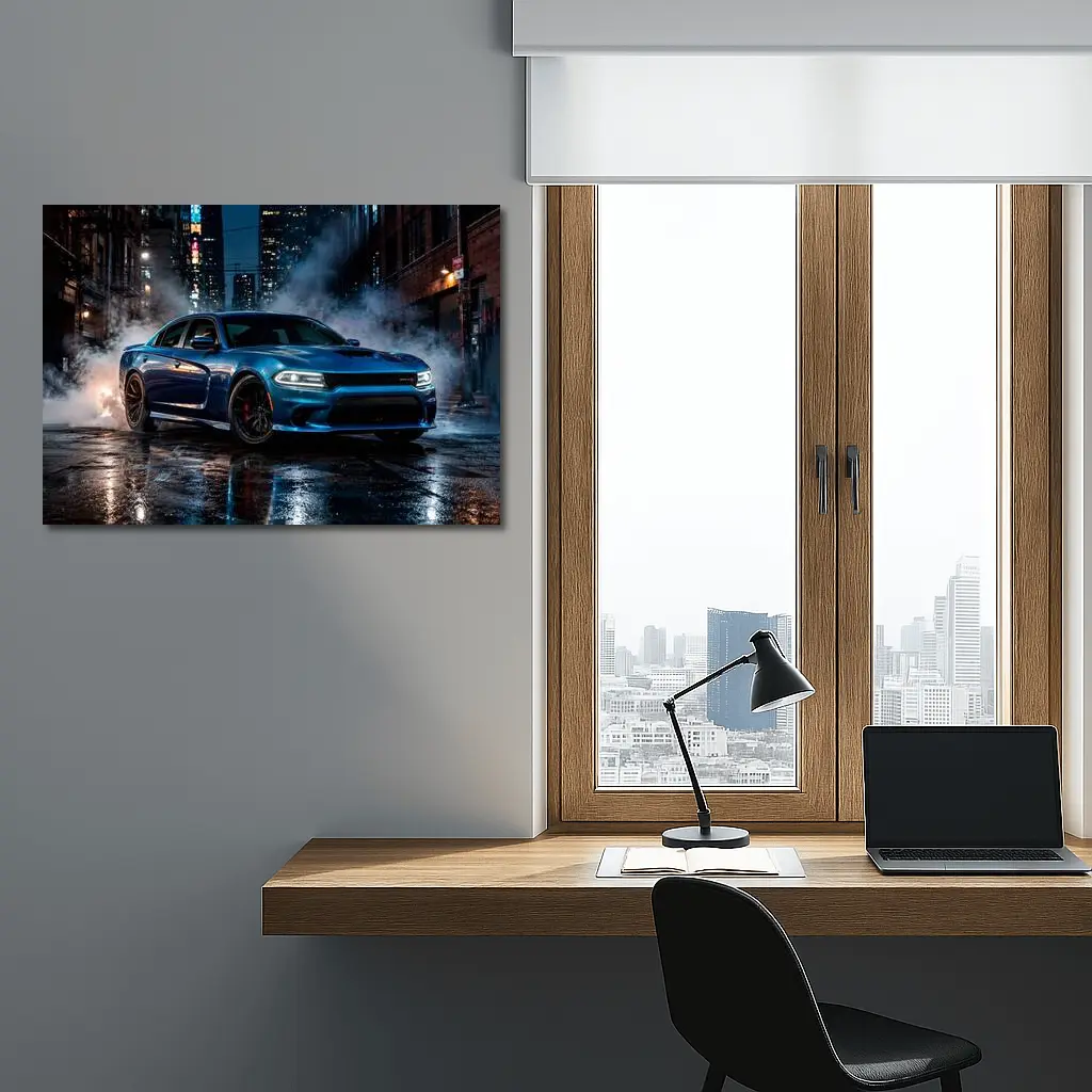 Dodge Charger Blue Muscle Car City Night – Wall Art
