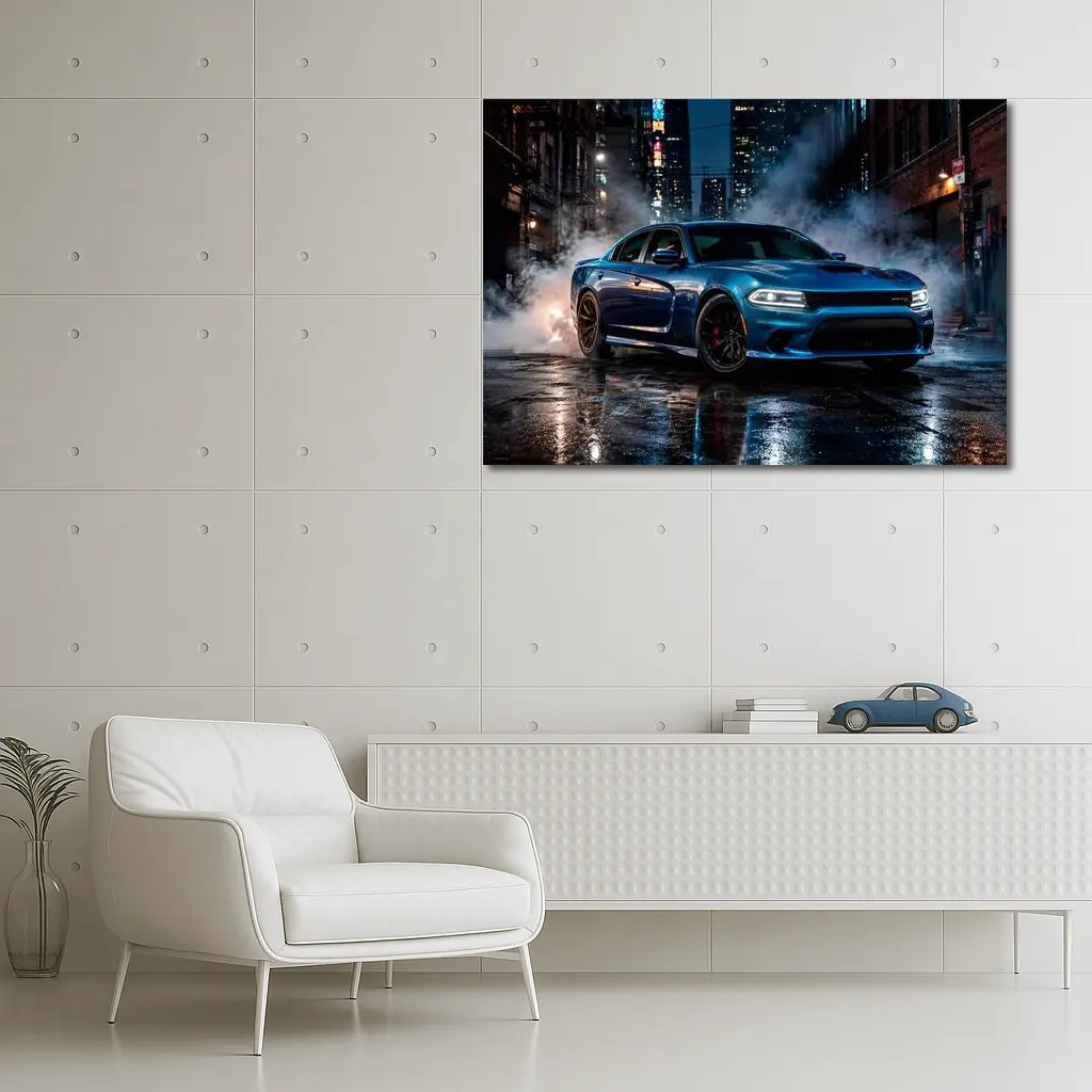 Dodge Charger Blue Muscle Car City Night – Wall Art