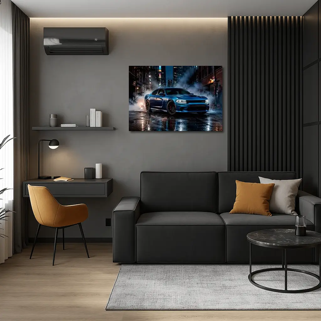 Dodge Charger Blue Muscle Car City Night – Wall Art