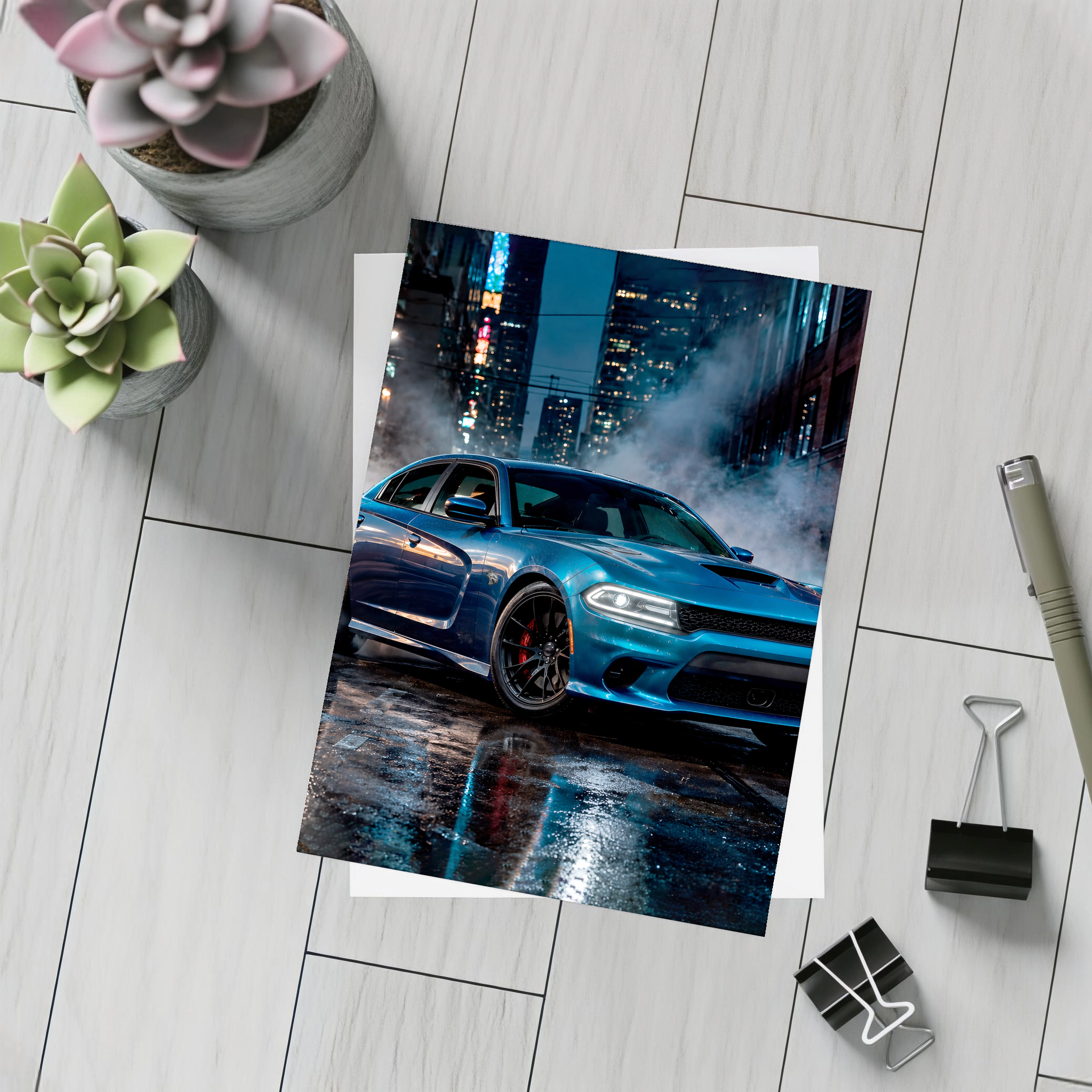 Dodge Charger Blue Muscle Car City Night – Postcards