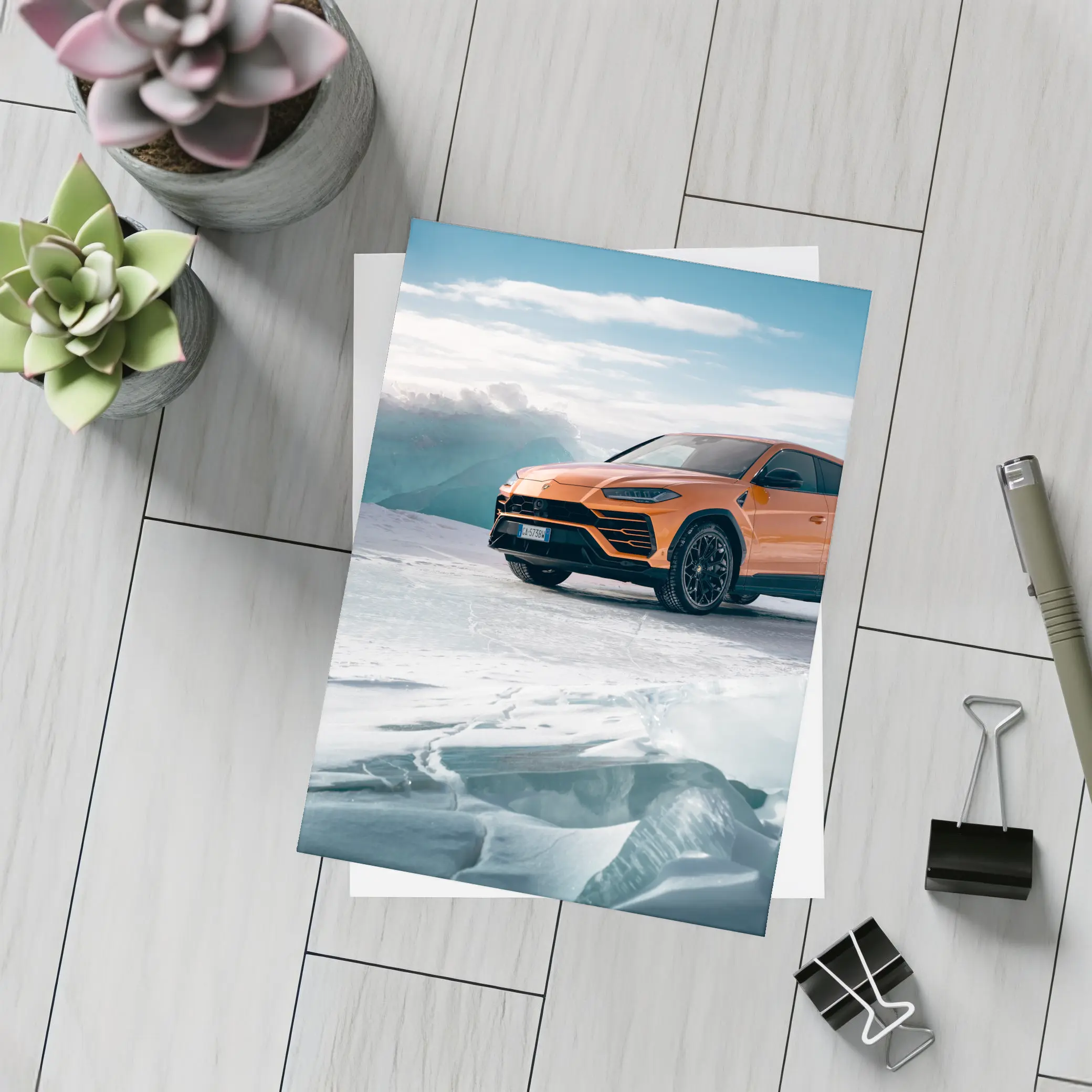 Lamborghini Urus Orange SUV On Ice – Postcards