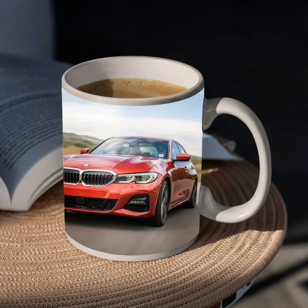 BMW 3 Series Red Sedan On Road – Mugs