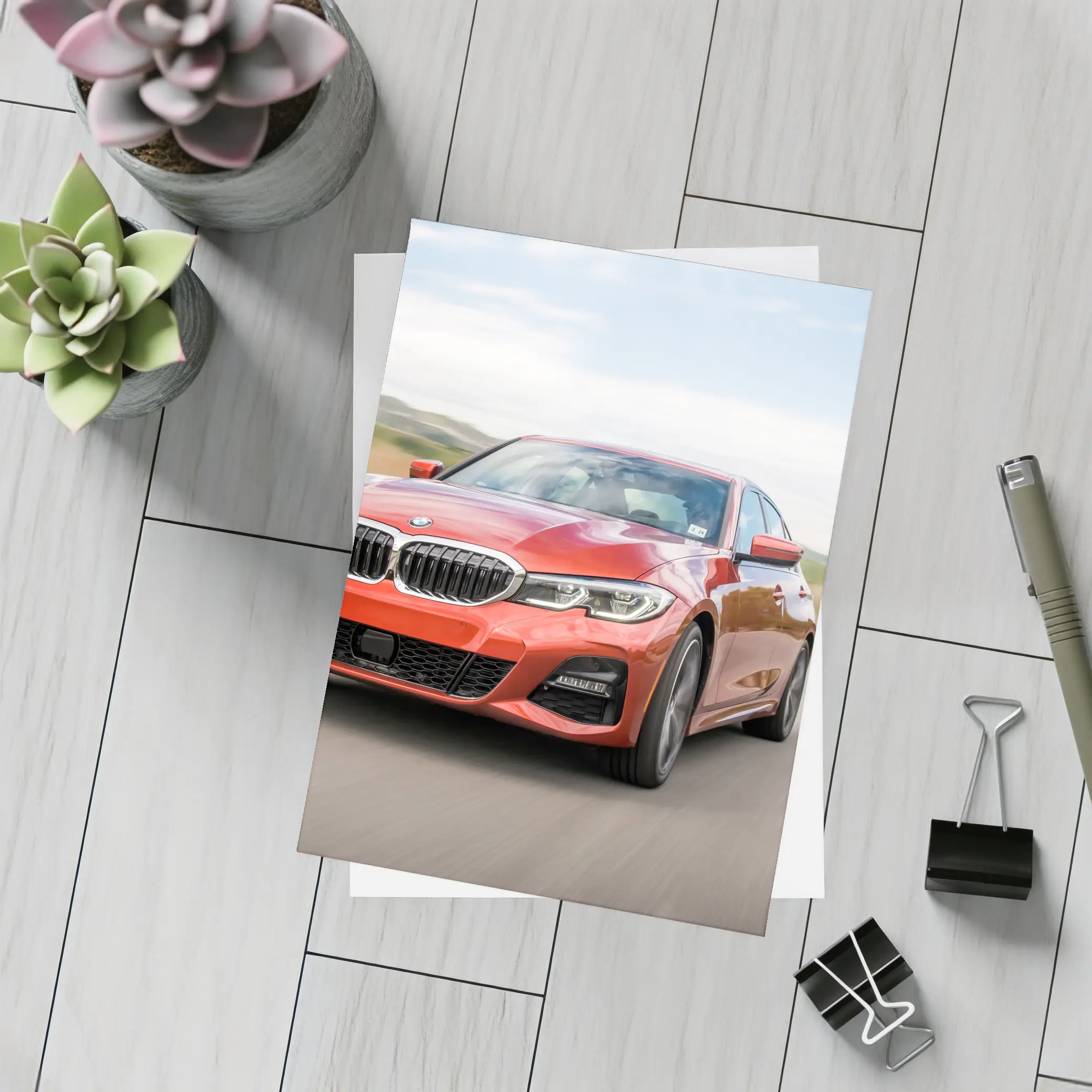 BMW 3 Series Red Sedan On Road – Postcards