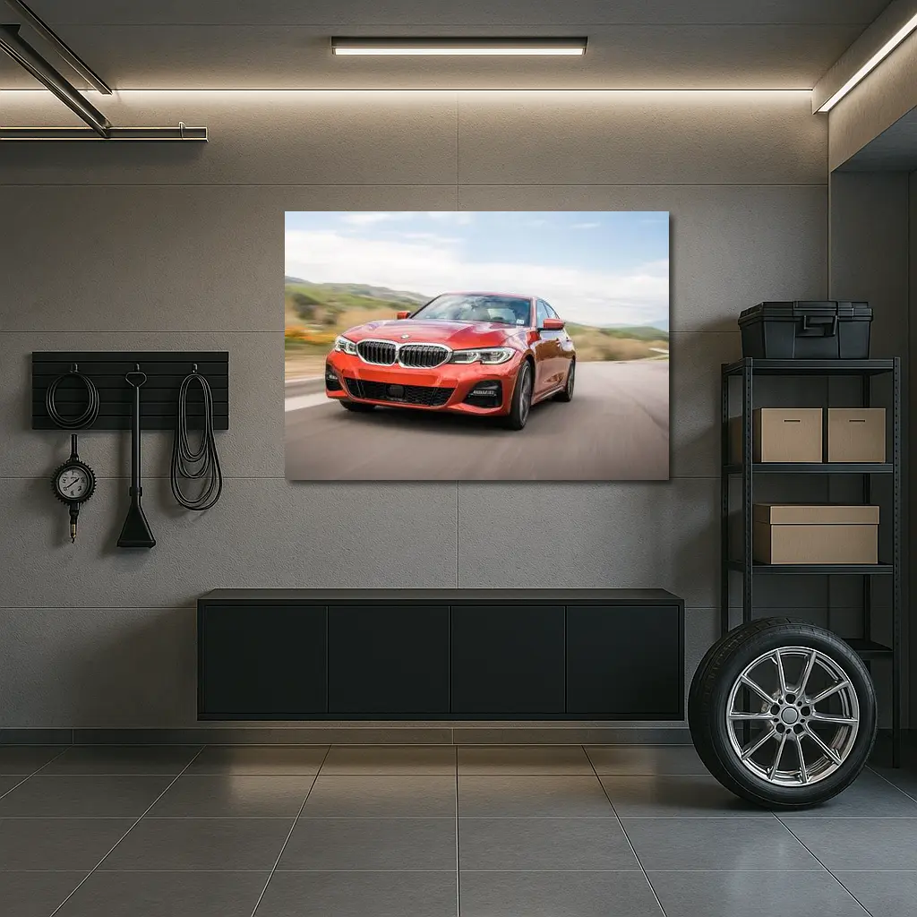 BMW 3 Series Red Sedan On Road – Wall Art