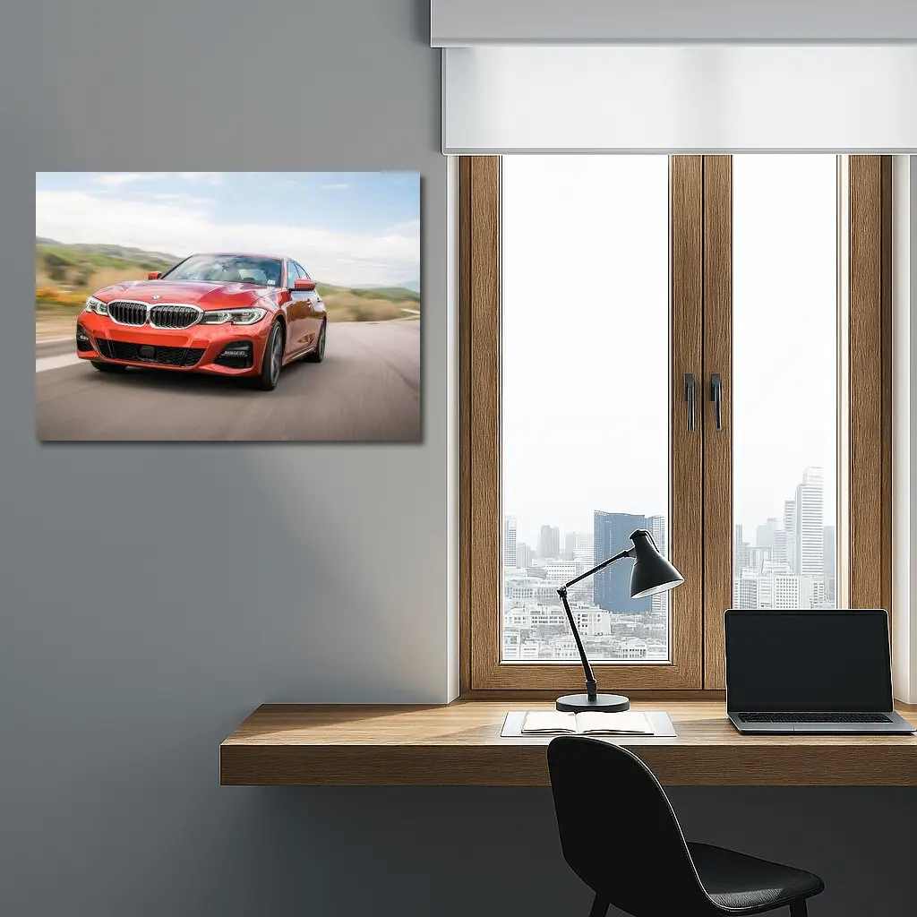 BMW 3 Series Red Sedan On Road – Wall Art