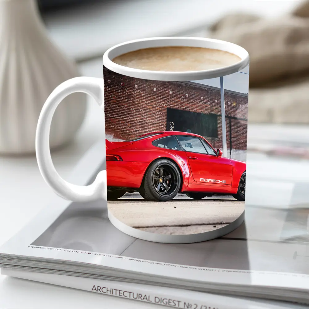 Red Porsche 911 Parked Urban Brick Wall – Mugs