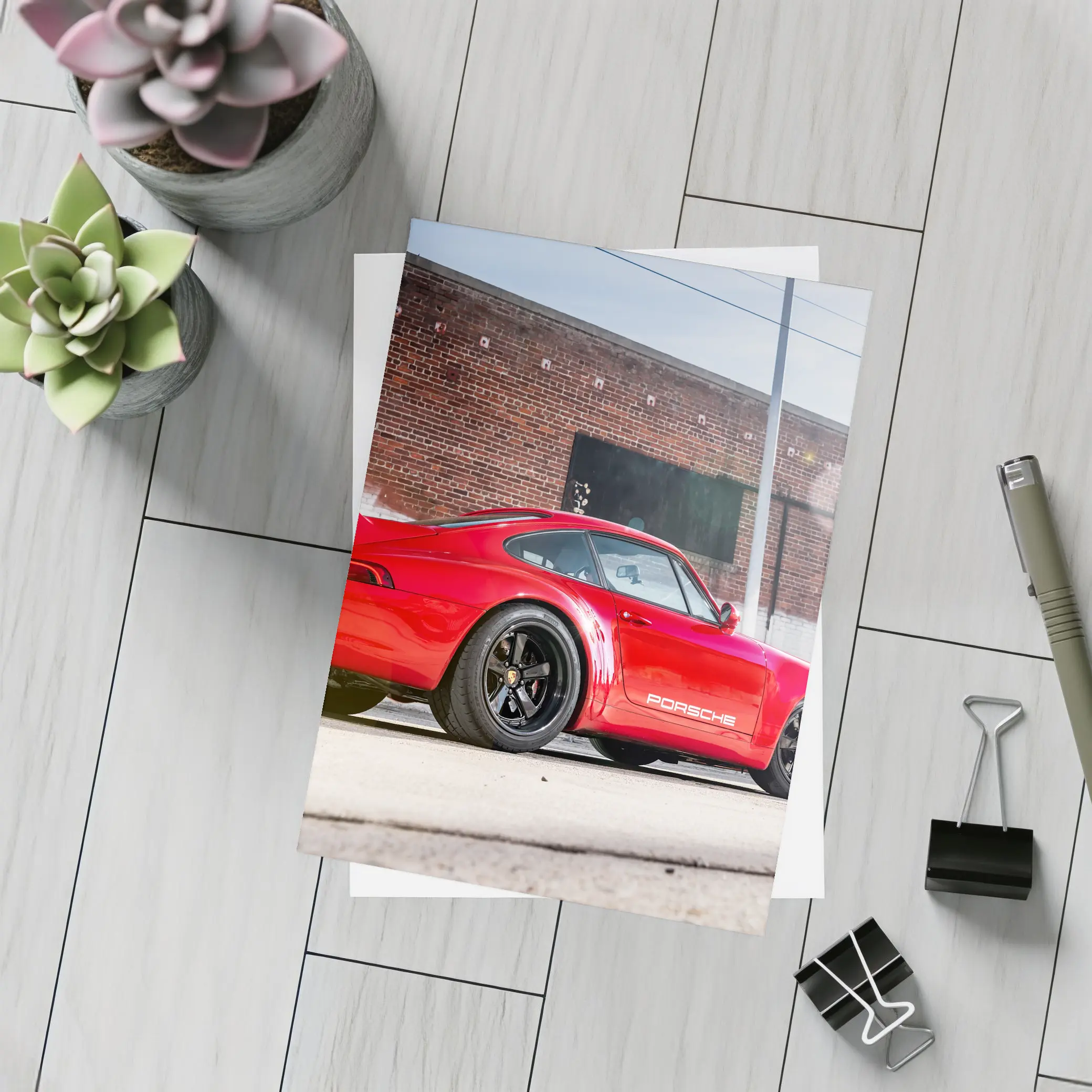 Red Porsche 911 Parked Urban Brick Wall – Postcards
