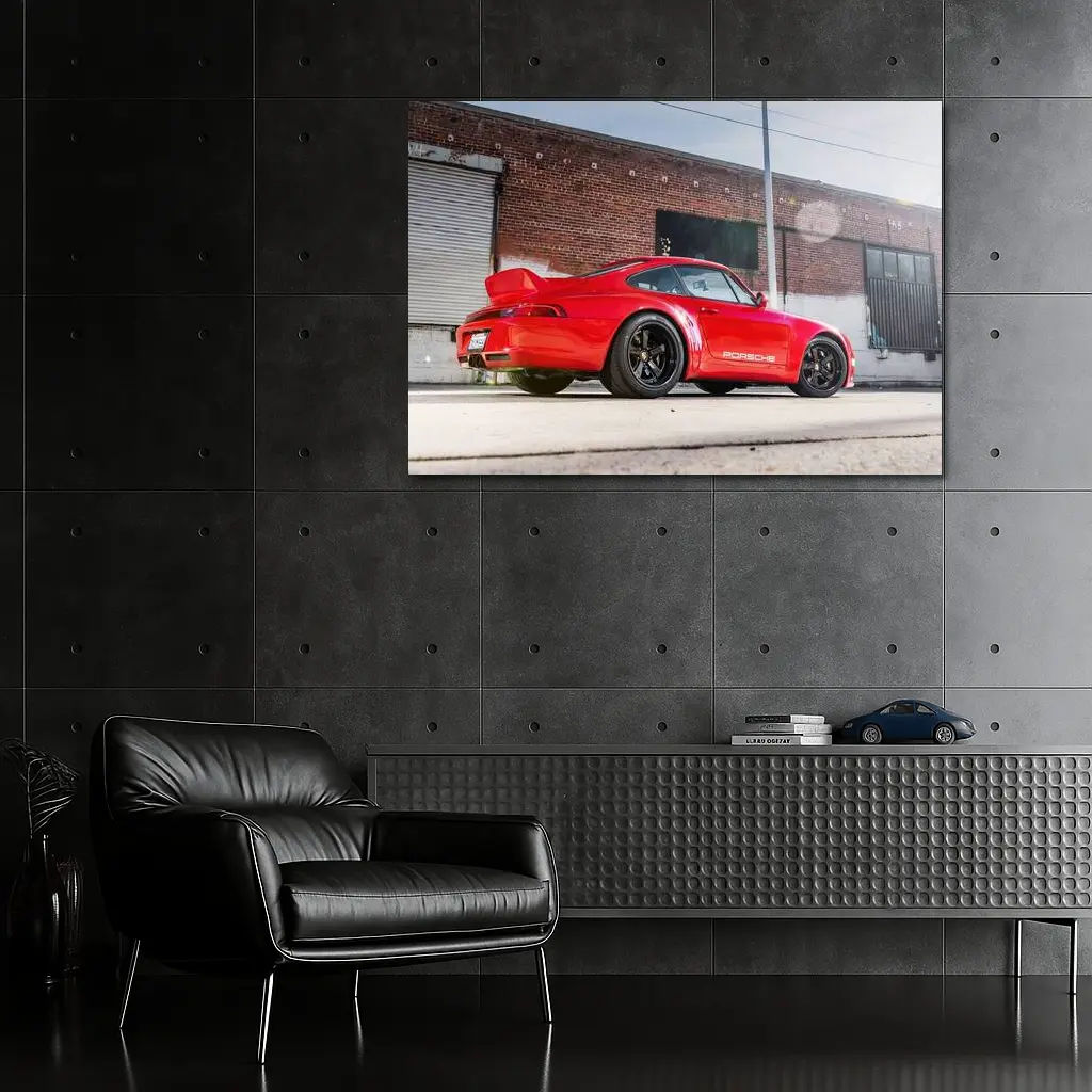 Red Porsche 911 Parked Urban Brick Wall – Wall Art