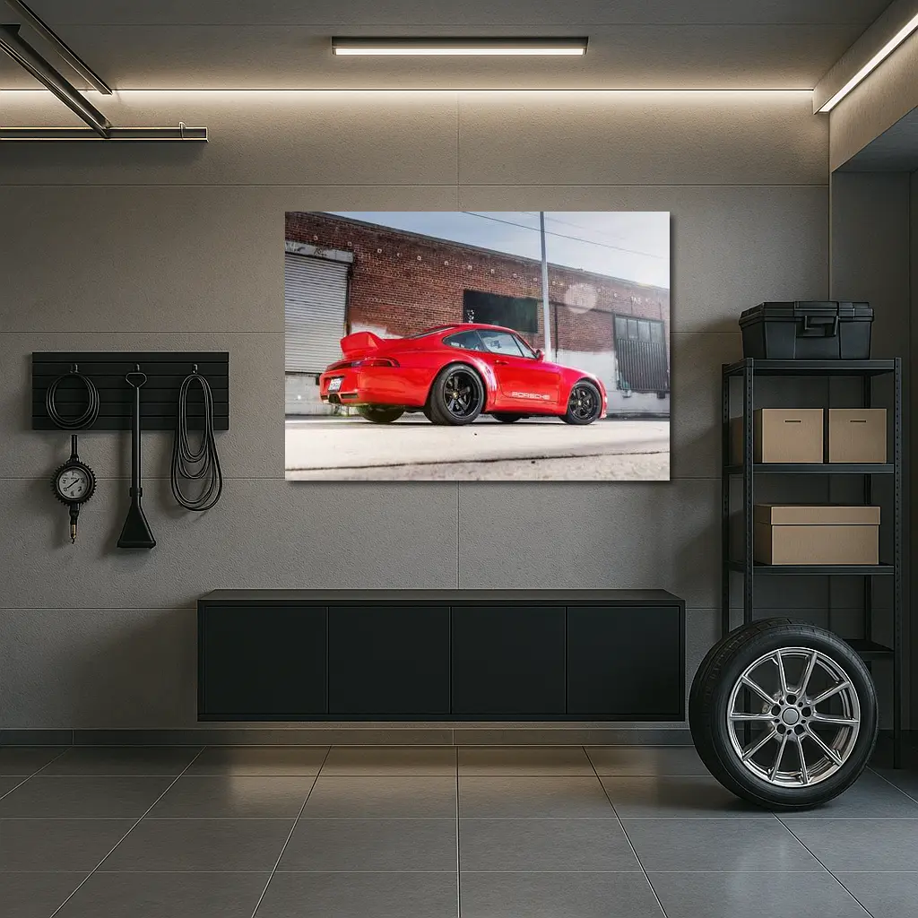 Red Porsche 911 Parked Urban Brick Wall – Wall Art