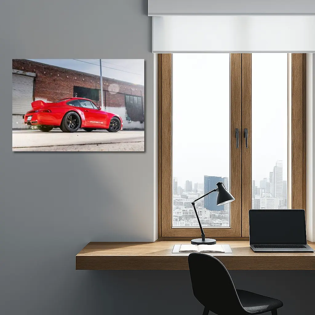 Red Porsche 911 Parked Urban Brick Wall – Wall Art