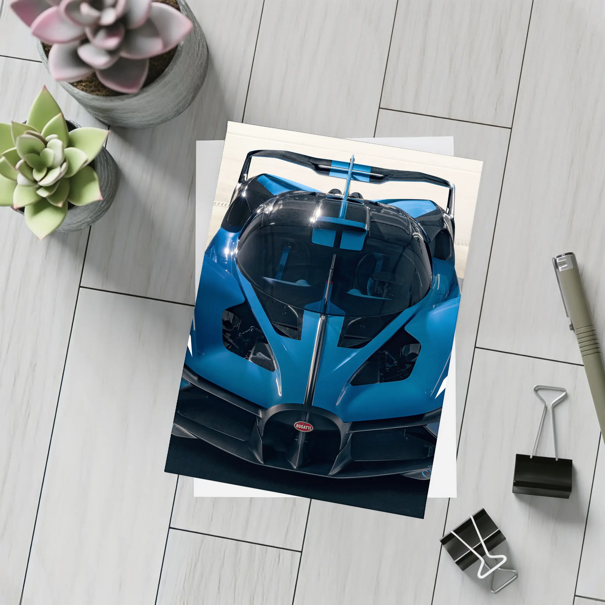 Bugatti Bolide Blue Supercar Garage Shot – Postcards